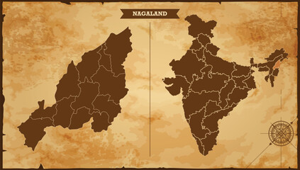 Nagaland state map, India map with federal states in A vintage map based background, Political India Map