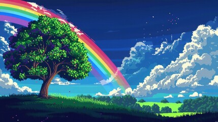 rainbow view background in sky in pixel style, Ai Generated Image