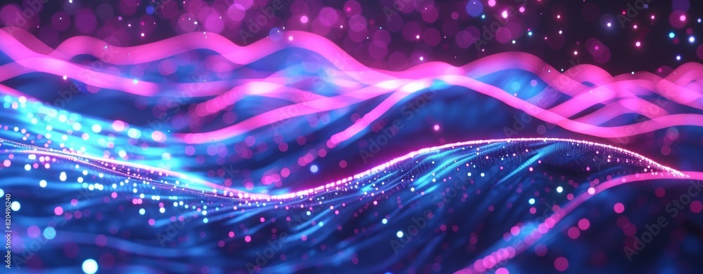 Poster 3d render of glowing neon lines and dots in the dark