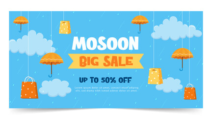 Fototapeta premium creative monsoon hanging sign vector for rainy season promotion media. Monsoon sale offer rain season background. Rainy monsoon promotion poster template 