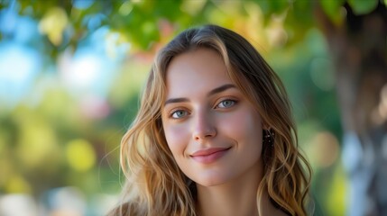 Fototapeta premium A beautiful woman with long blonde hair is smiling.