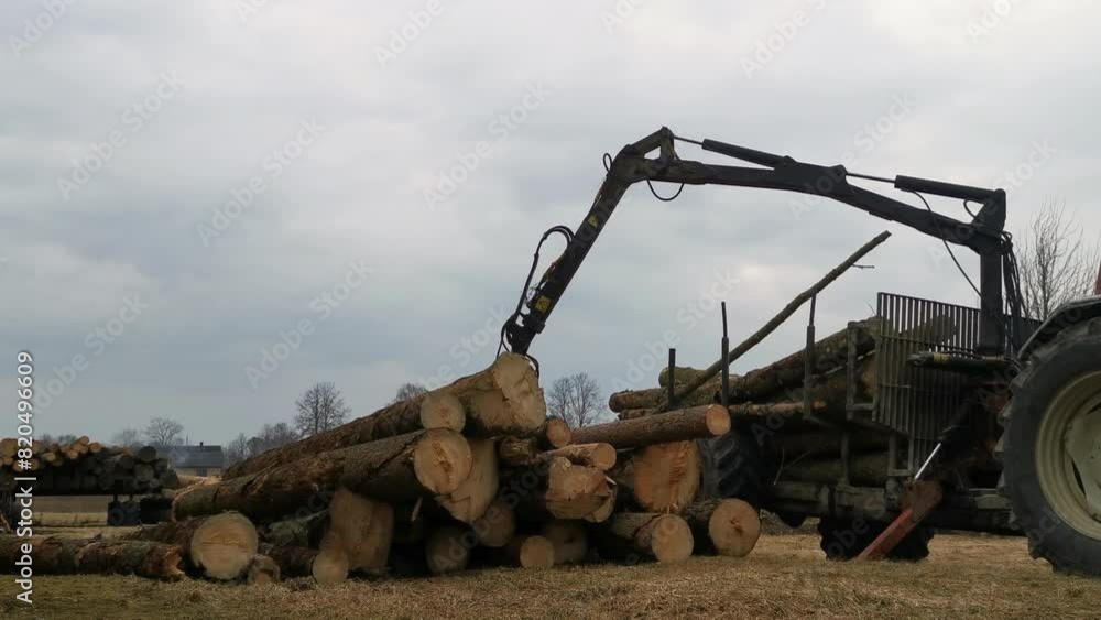 Poster tractor unloading logs from trailer on moody day, static view