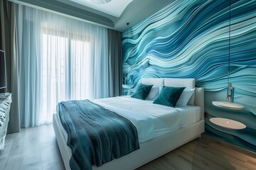 The walls of a modern luxury room are transformed by abstract patterns, reminiscent of rippling water, with shades of blue and green that evoke a sense of tranquility and depth.