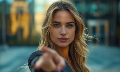 Obraz premium A beautiful woman pointing at something.