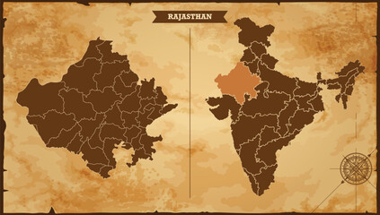 Rajasthan state map, India map with federal states in A vintage map based background, Political India Map