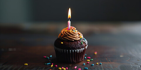  chocolate cupcake with chocolate frosting and a lit candle in the center The candle is slightly askew and there are sprinkles around the cupcake The background is a dark wood table and the image is d