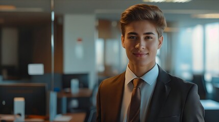 Fototapeta premium A young man in a suit and tie standing in an office.
