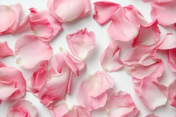 Top view of pink rose petals on a white background. Valentine's Day, Mother's Day, and Romantic background concept.