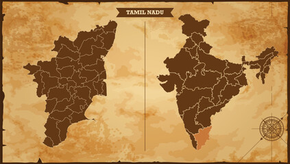 Tamil Nadu state map, India map with federal states in A vintage map based background, Political India Map