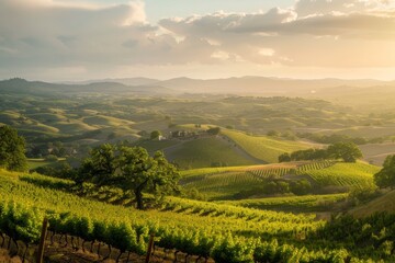 Obraz premium Scenic wine country landscape, with rolling hills, verdant vineyards, And Charming Villages Dotted Along The Horizon, Generative AI