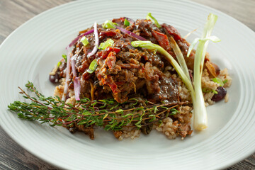 A view of a plate of brown stew chicken.