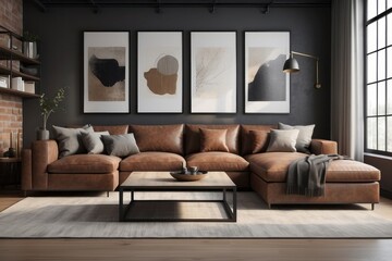 Industrial Living Room Design With Rich Brown L Shaped Sectional Sofa
