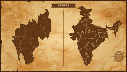 Tripura state map, India map with federal states in A vintage map based background, Political India Map