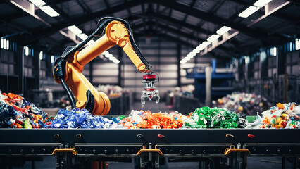 Waste management facility robotic arm sorting different plastic waste recycle reuse concept 