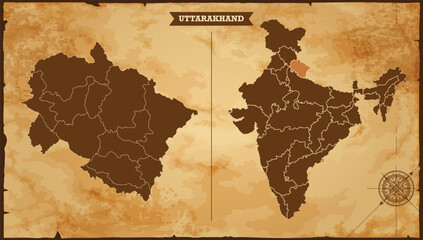 Uttarakhand state map, India map with federal states in A vintage map based background, Political India Map