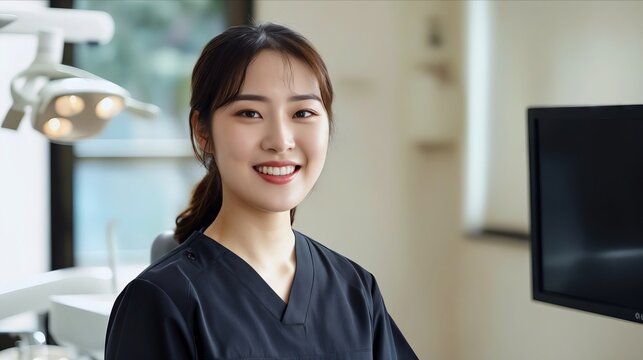 A woman in black uniform standing in front of a dental office.