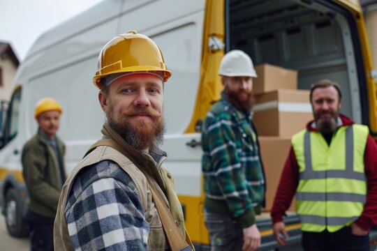 A man in a yellow helmet stands in front of a delivery van with his team holding boxes