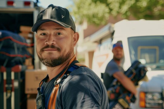 A focused moving company employee in a cap stands in front of a van with a blurred colleague