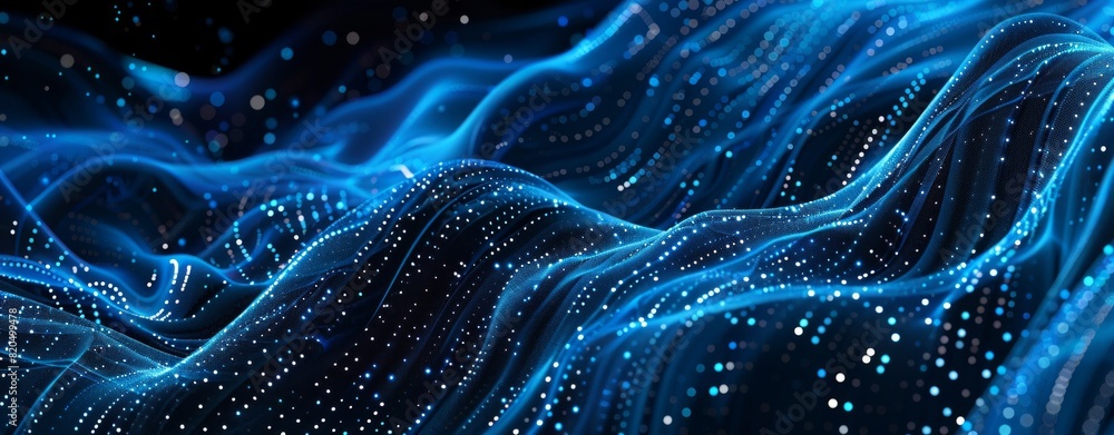 Aufkleber abstract digital background with blue glowing dots on a black wave and futuristic pattern in the sty