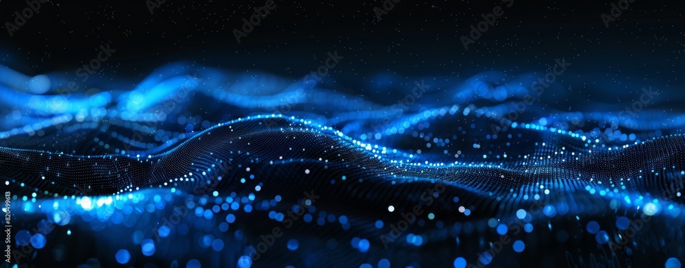Aufkleber abstract digital background with blue glowing dots on a black wave and futuristic pattern in the sty
