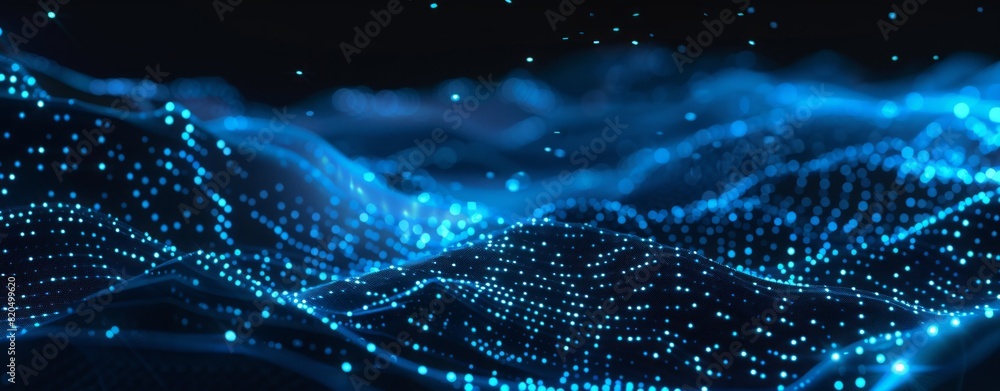 Aufkleber abstract digital background with blue glowing dots on a black wave and futuristic pattern in the sty