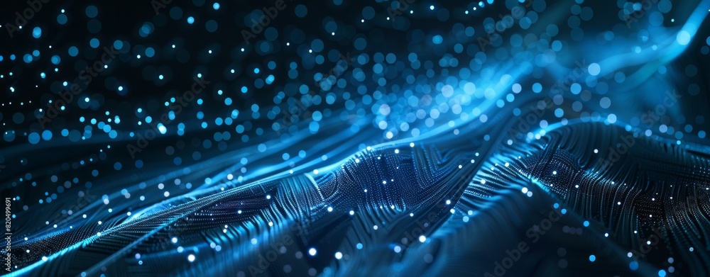 Aufkleber abstract digital background with blue glowing dots on a black wave and futuristic pattern in the sty
