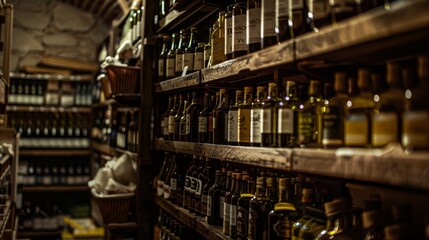 An intimate view of numerous artisanal bottles neatly arranged on wooden shelves in a vintage shop