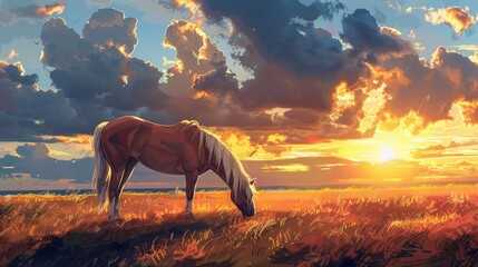 a Horse grazing with sunset in the background