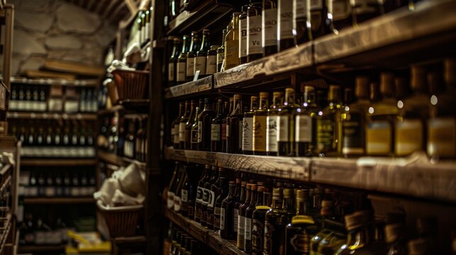 An intimate view of numerous artisanal bottles neatly arranged on wooden shelves in a vintage shop