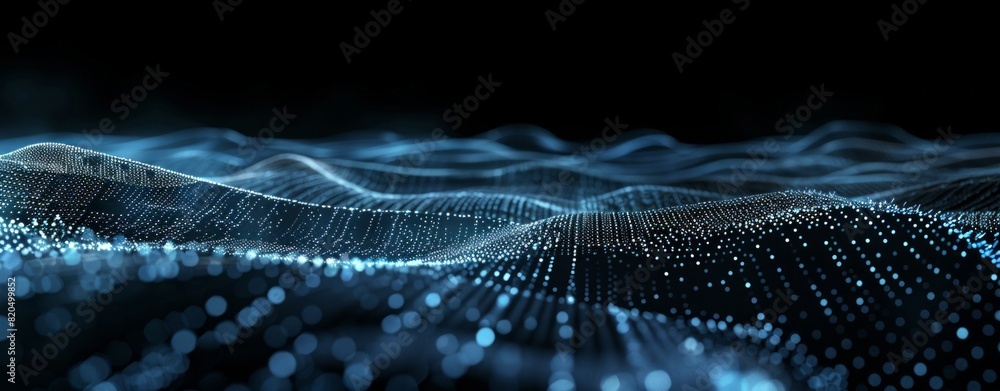 Aufkleber abstract digital background with blue glowing dots on a black wave and futuristic pattern in the sty