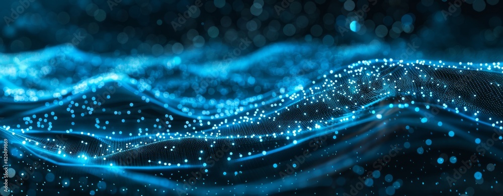 Aufkleber abstract digital background with blue glowing dots on a black wave and futuristic pattern in the sty