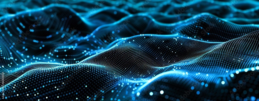 Poster abstract digital background with blue glowing dots on a black wave and futuristic pattern in the sty