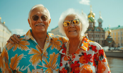 Happy senior couple in colorful shirts enjoying a sunny day outside with beautiful architecture in the background.