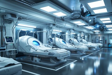 A futuristic hospital room with 5 beds. The beds are all empty. The room is very clean and sterile....