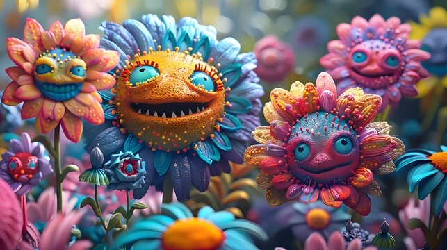Funny flower hipster illustration, floral scary character is smiling, creepy creature 3d cartoon digital artwork, nature garden halloween background. Watercolor fantasy landscape surreal pop artwork.