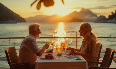 Elderly couple enjoying a romantic sunset dinner on a scenic waterfront patio with mountains in the background.