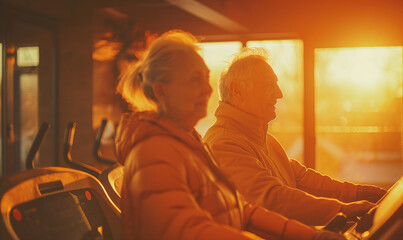 Elderly couple exercising on stationary bikes indoors during sunrise, showcasing healthy lifestyle and active aging.