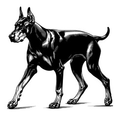 Hand drawn illustration of fierce doberman dog, vector sketch isolated on transparent background.