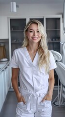 Obraz premium A woman in white scrubs standing in a dental office.