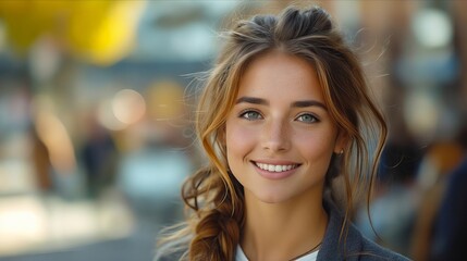 Obraz premium A beautiful woman smiling in the city.