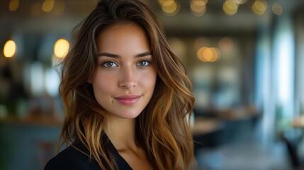 Obraz premium A beautiful woman with long brown hair looking at the camera.