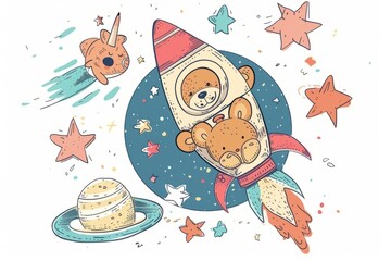 Cartoon cute doodles of a cuddly space teddy bear piloting a rocket to the stars, Generative AI