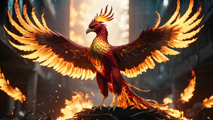 Fototapeta premium A mythical phoenix rising from its ashes.