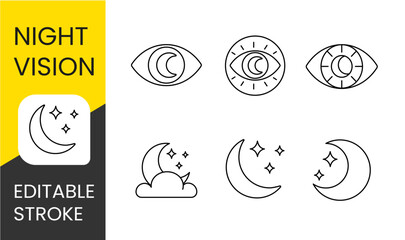 Night vision vector line icon set with editable stroke for placement on cctv camera system packaging © GrandDesign