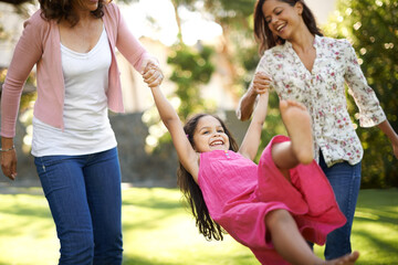 Grandmother, mom or girl in park to swing with love, care or wellness outdoors for bonding...