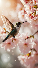 miracle art with beautiful hummingbird flying near pink flower against green background with sunlight bokeh