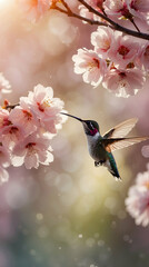miracle art with beautiful hummingbird flying near pink flower against green background with sunlight bokeh