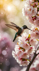 Cherry blossom with hummingbird on bokeh background