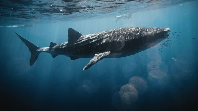 Whale shark gliding at surface swimming with fish past snorkler, light beam bokeh ray