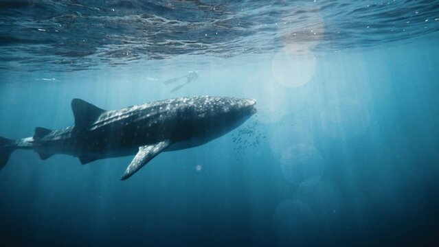 Pan to whale shark swimming at ocean surface underwater light sparkling in slow motion